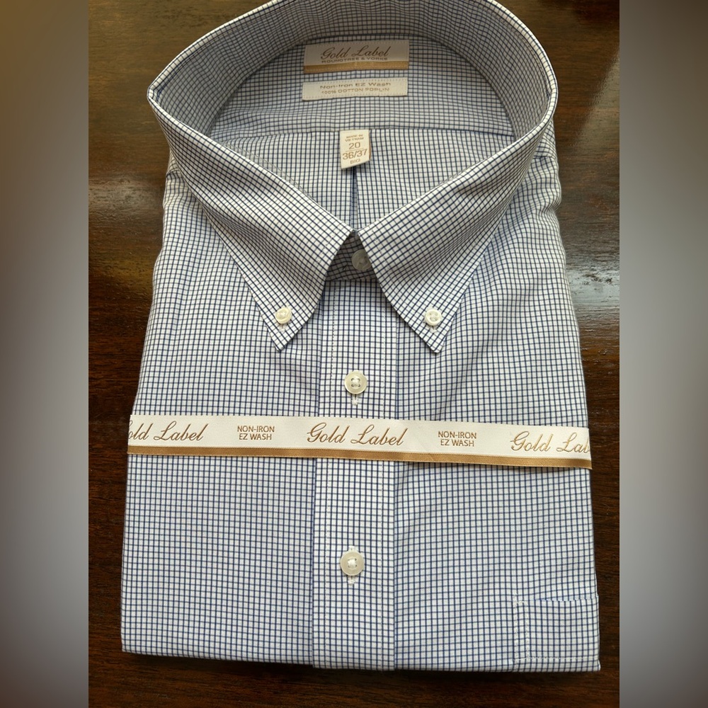 Roundtree & Yorke Blue and White Checkered Dress Shirt BIG 20 36/37 No Iron NWT